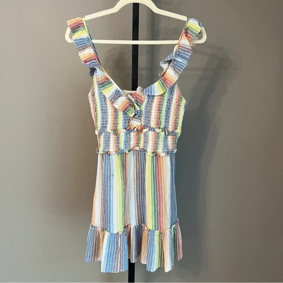 SAYLOR Alma Rainbow Ruffle Mini Dress Multicolor Stripes Medium Colorful Beachy - Picture 1 of 6